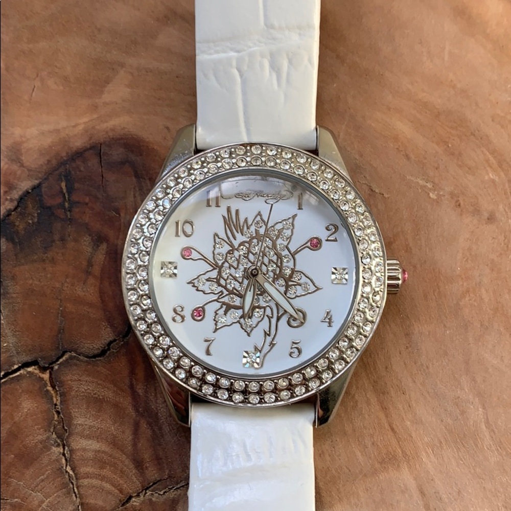 Ed Hardy Watch White Face/Leather Band Rhinestone